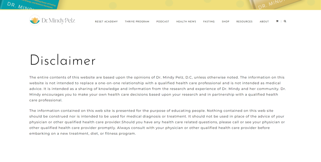 Mindy Pelz disclaimer