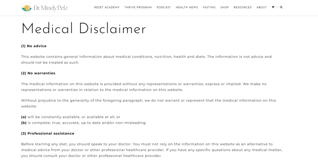 Mindy Pelz disclaimer online